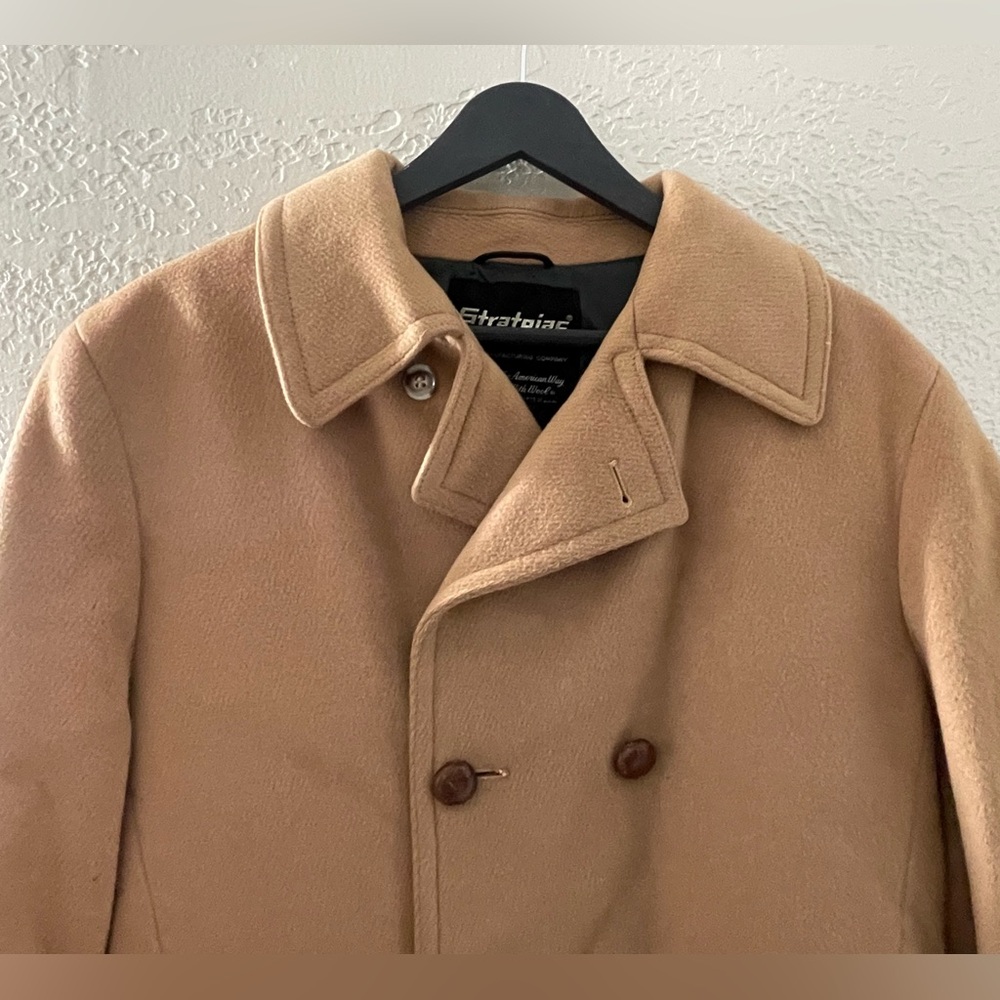 VTG 1970s Stratojac Men's Wool Tan Double Breasted Coat Fur Lining USA Size 38 - Picture 2 of 14